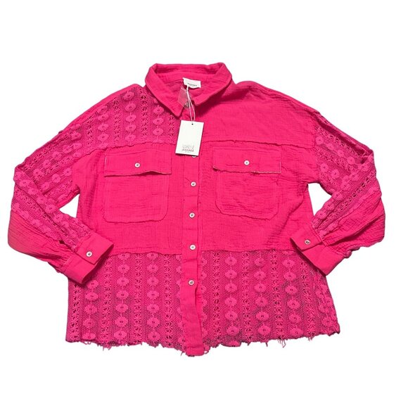 Andree By Unit XL Hot Pink Cotton Lace Shacket Button Front Textured Boho Core - Picture 10 of 12